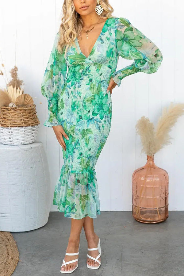 Robe Col en V à Manches Longues et Taille Élastique - Style Urbain Chic