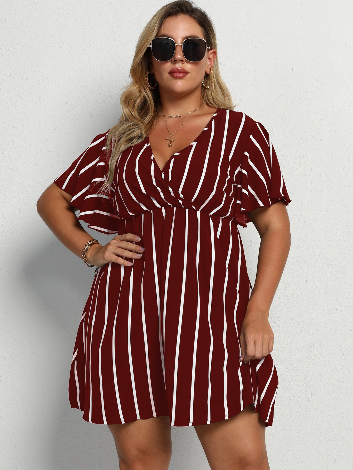 Plus Size Women's Loose V-Neck Patchwork Striped Dress