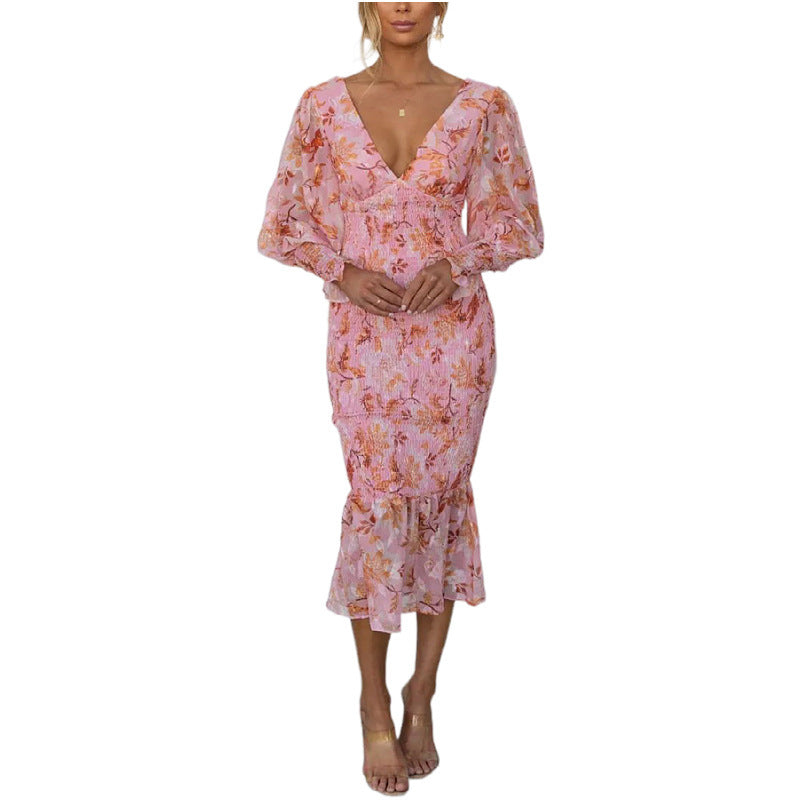 Robe Col en V à Manches Longues et Taille Élastique - Style Urbain Chic