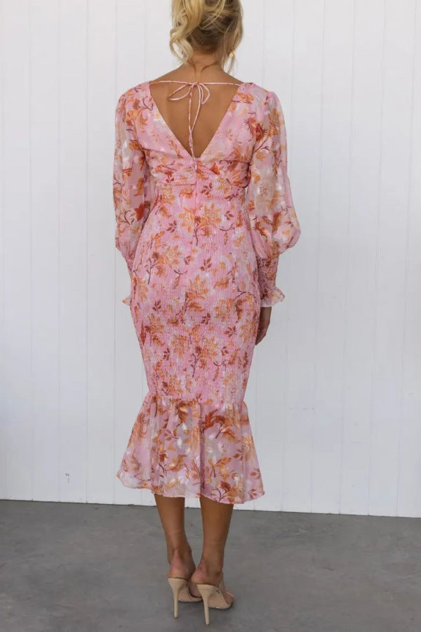 Robe Col en V à Manches Longues et Taille Élastique - Style Urbain Chic