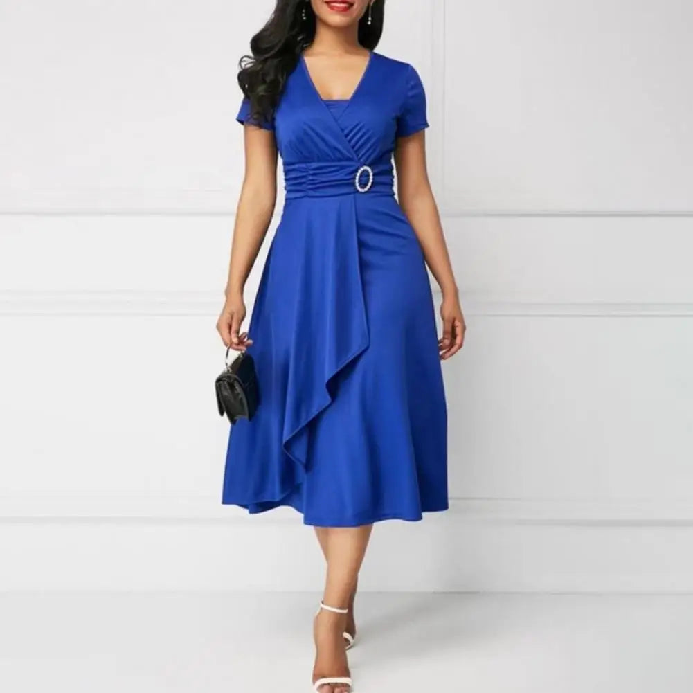Robe élégante à col en V pour femmes, robe de bureau pour dames, ourlet asymétrique, bustier tubulaire, manches courtes, soirée, tempérament