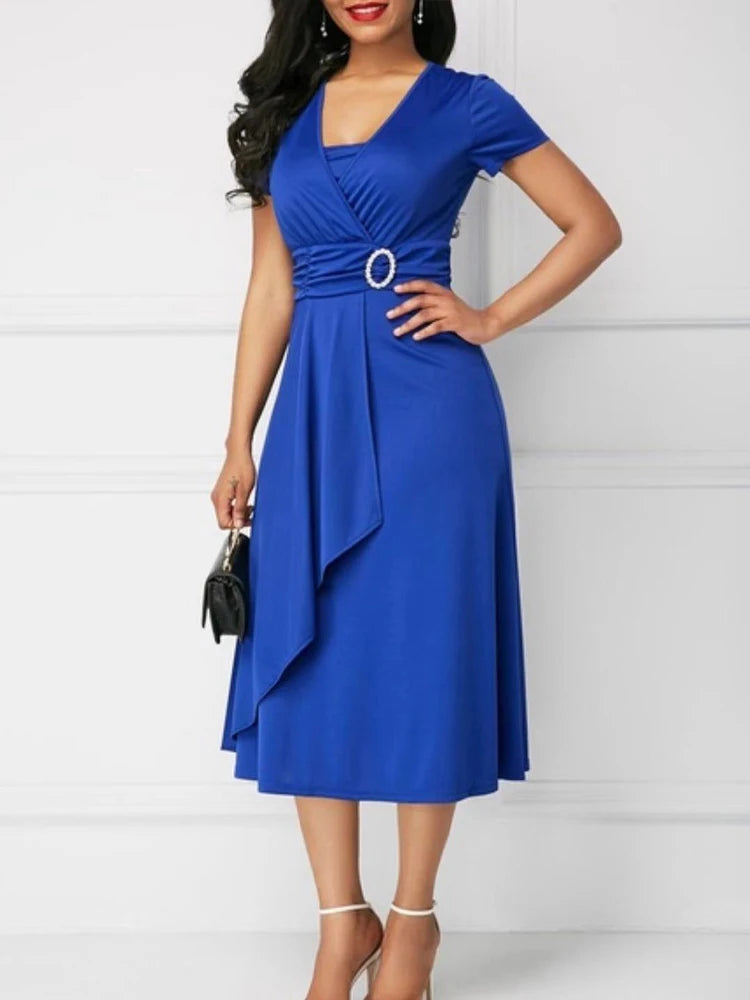 Robe de soirée mi-longue à manches courtes pour femmes, ourlet asymétrique, taille serrée, robe de soirée pour dames, document monochrome élégant, robe de soirée, robe éducative, été