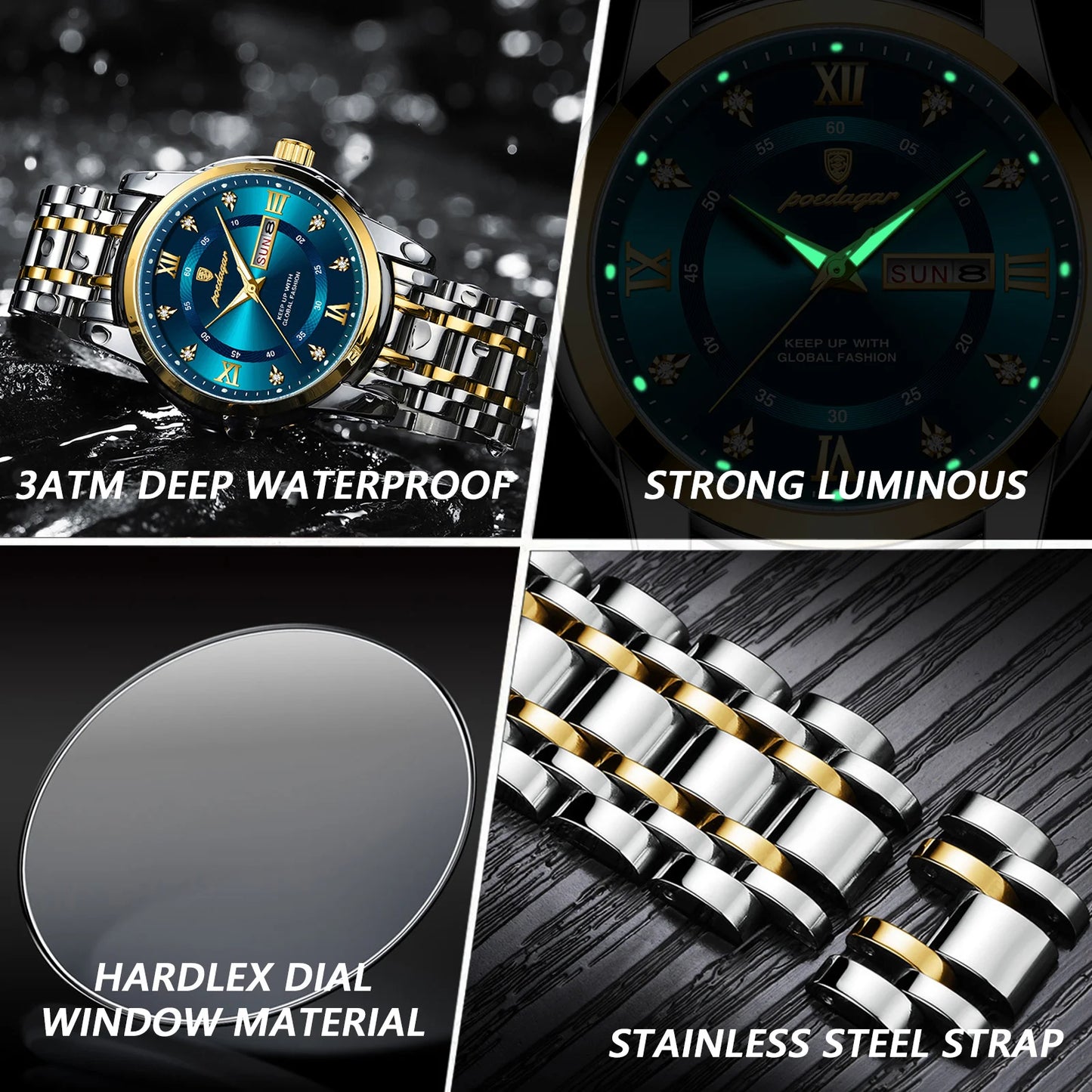 POEDAGAR Elite - Montre de Luxe en Acier Inoxydable pour Homme
