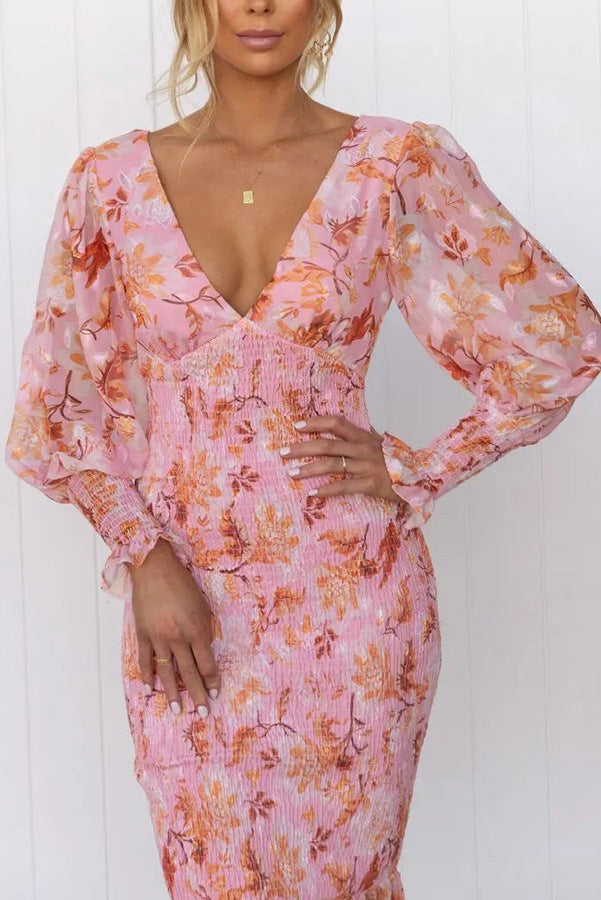 Robe Col en V à Manches Longues et Taille Élastique - Style Urbain Chic