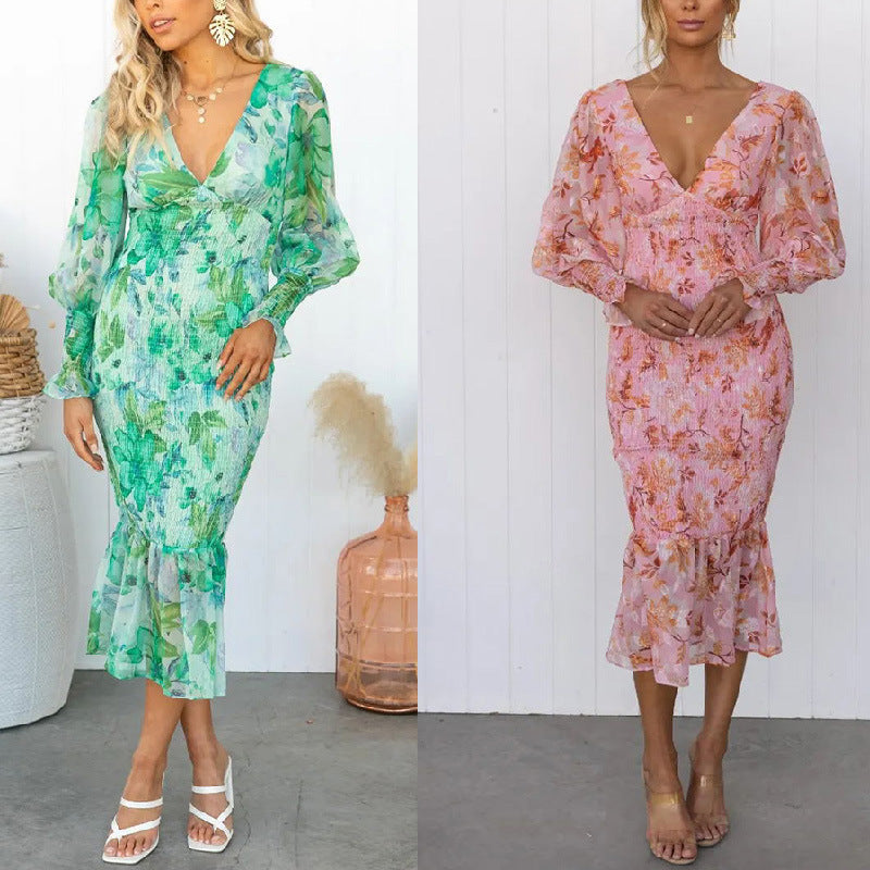 Robe Col en V à Manches Longues et Taille Élastique - Style Urbain Chic