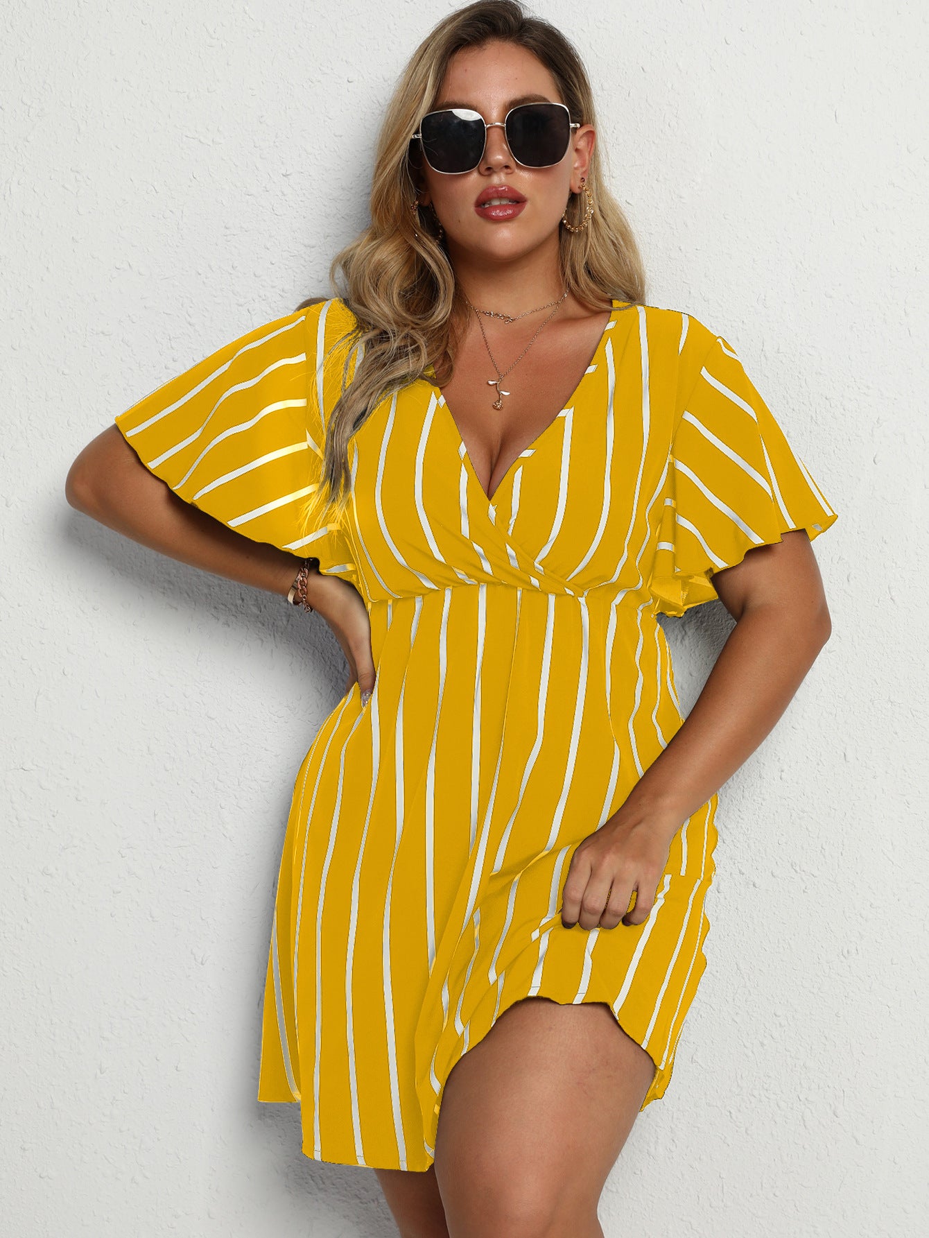 Plus Size Women's Loose V-Neck Patchwork Striped Dress