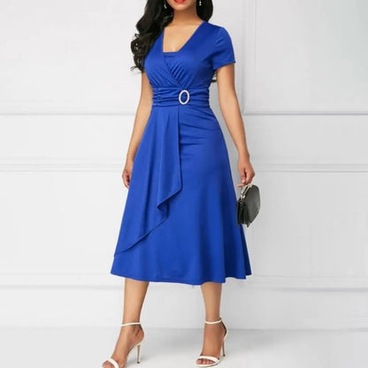 Robe élégante à col en V pour femmes, robe de bureau pour dames, ourlet asymétrique, bustier tubulaire, manches courtes, soirée, tempérament