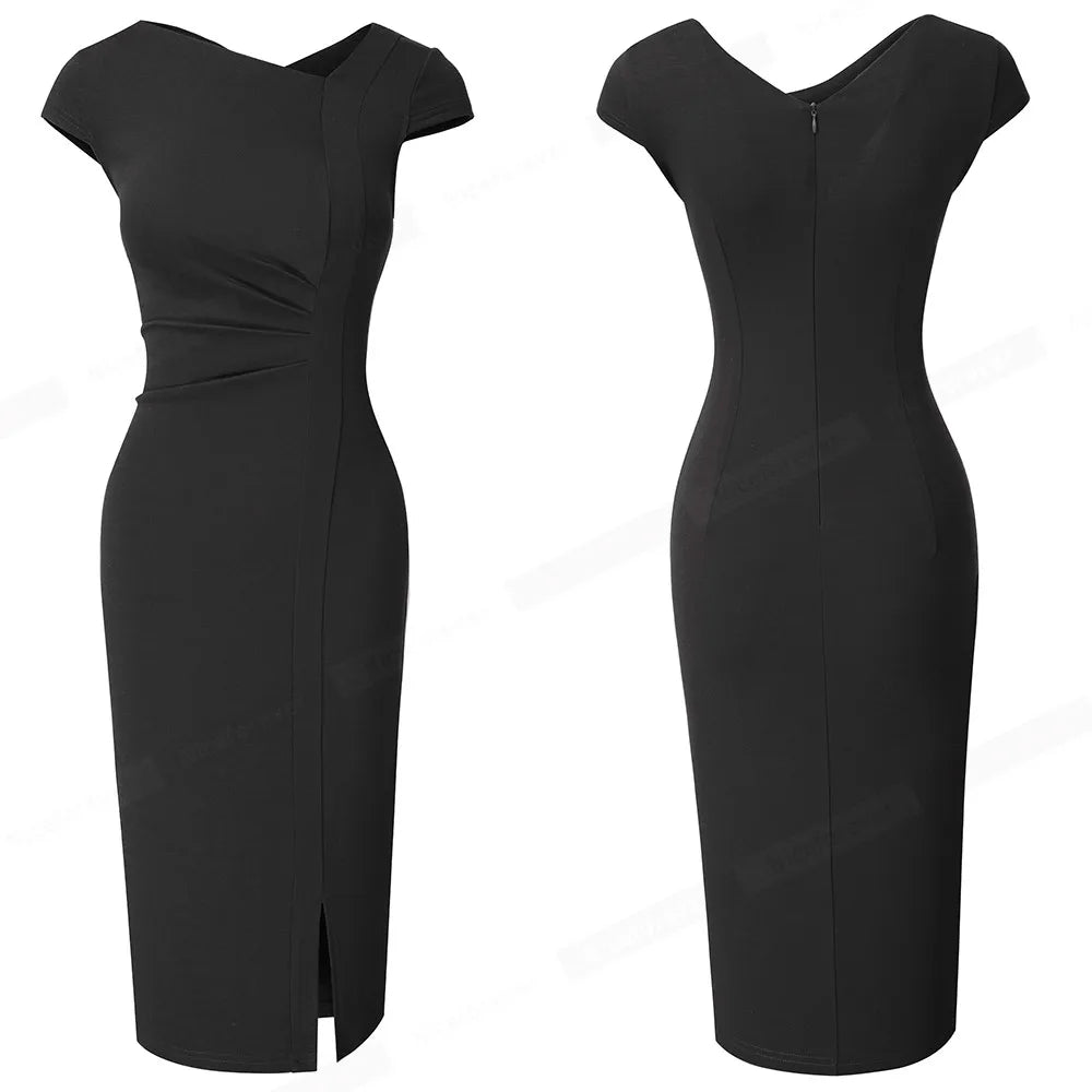 Nice-forever – robe unie pour femmes, élégante, fendue devant, bureau, Business, Vintage, moulante, Slim, été, B700