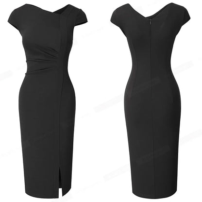 Nice-forever – robe unie pour femmes, élégante, fendue devant, bureau, Business, Vintage, moulante, Slim, été, B700