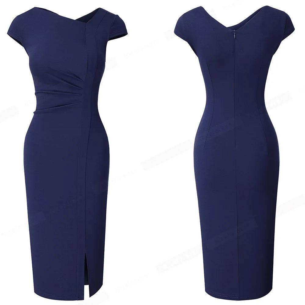 Nice-forever – robe unie pour femmes, élégante, fendue devant, bureau, Business, Vintage, moulante, Slim, été, B700