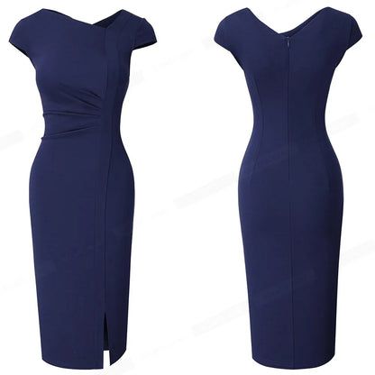 Nice-forever – robe unie pour femmes, élégante, fendue devant, bureau, Business, Vintage, moulante, Slim, été, B700