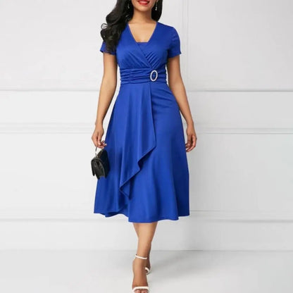 Robe élégante à col en V pour femmes, robe de bureau pour dames, ourlet asymétrique, bustier tubulaire, manches courtes, soirée, tempérament