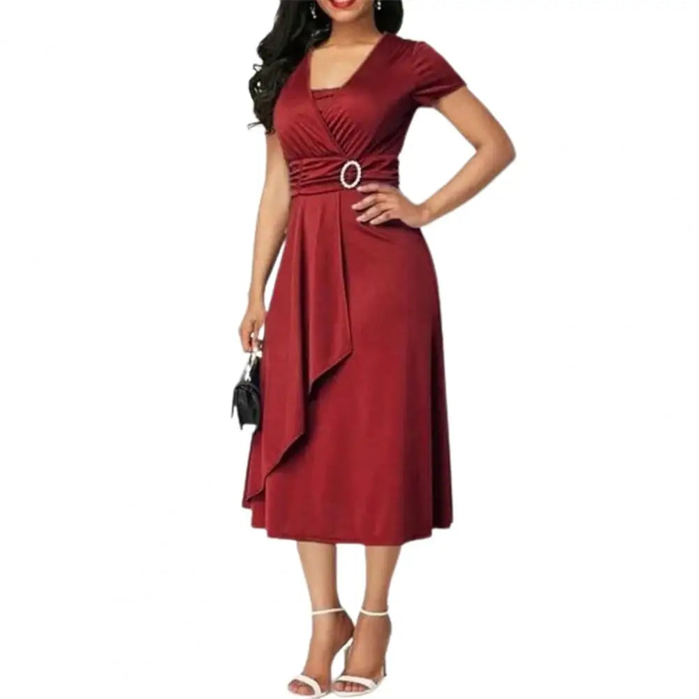 Robe élégante à col en V pour femmes, robe de bureau pour dames, ourlet asymétrique, bustier tubulaire, manches courtes, soirée, tempérament