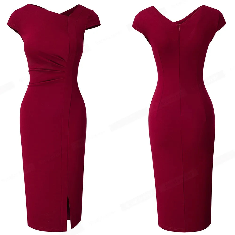 Nice-forever – robe unie pour femmes, élégante, fendue devant, bureau, Business, Vintage, moulante, Slim, été, B700