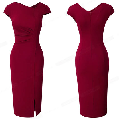 Nice-forever – robe unie pour femmes, élégante, fendue devant, bureau, Business, Vintage, moulante, Slim, été, B700