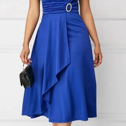 Robe élégante à col en V pour femmes, robe de bureau pour dames, ourlet asymétrique, bustier tubulaire, manches courtes, soirée, tempérament