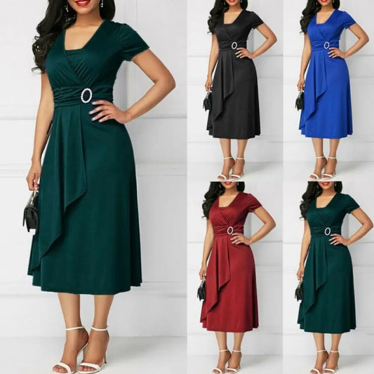 Robe élégante à col en V pour femmes, robe de bureau pour dames, ourlet asymétrique, bustier tubulaire, manches courtes, soirée, tempérament