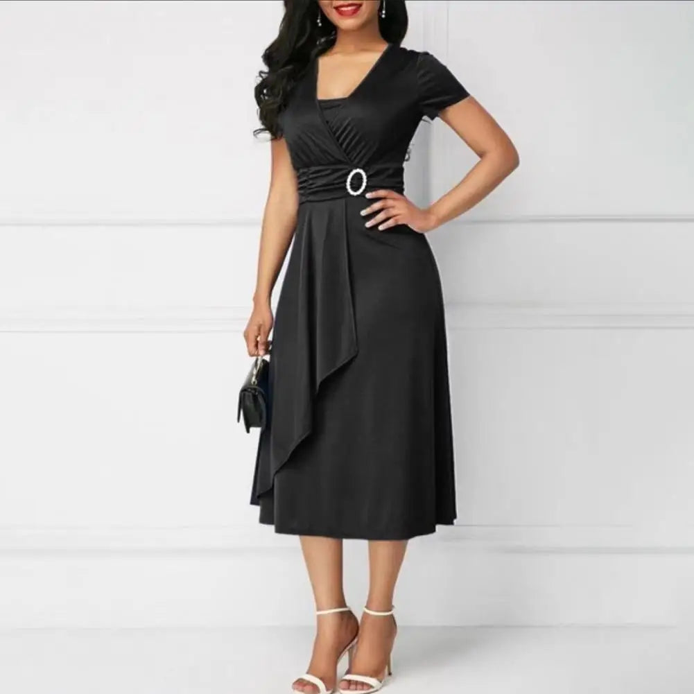 Robe élégante à col en V pour femmes, robe de bureau pour dames, ourlet asymétrique, bustier tubulaire, manches courtes, soirée, tempérament