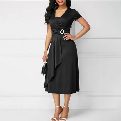 Robe élégante à col en V pour femmes, robe de bureau pour dames, ourlet asymétrique, bustier tubulaire, manches courtes, soirée, tempérament
