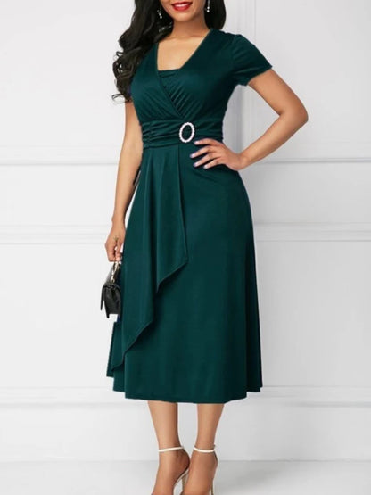 Robe de soirée mi-longue à manches courtes pour femmes, ourlet asymétrique, taille serrée, robe de soirée pour dames, document monochrome élégant, robe de soirée, robe éducative, été