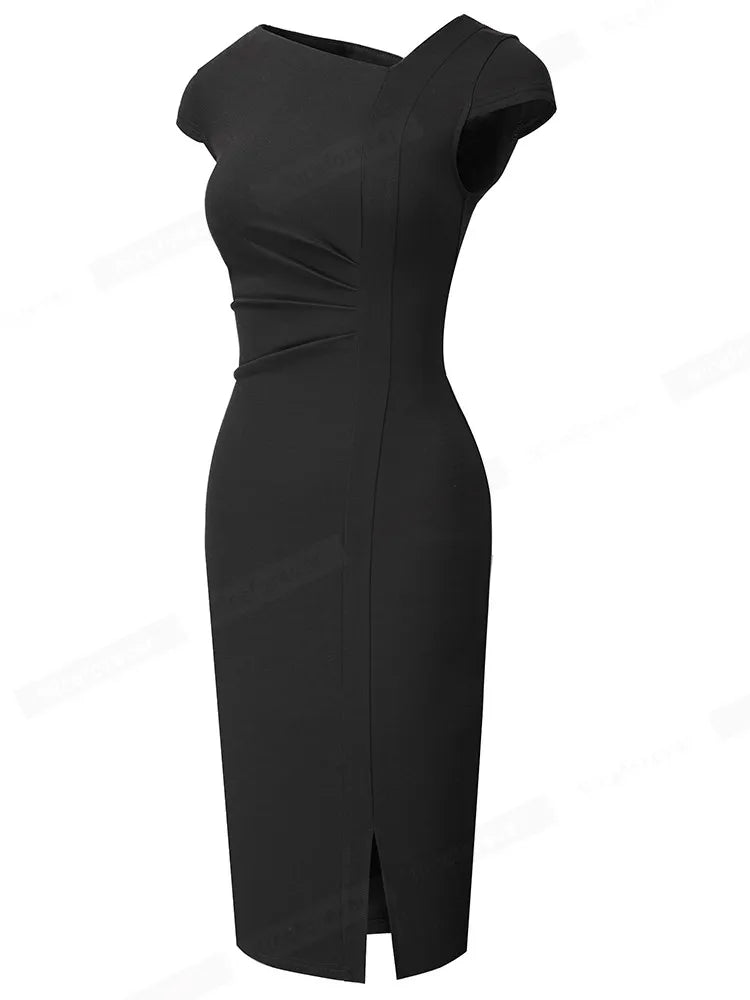 Nice-forever – robe unie pour femmes, élégante, fendue devant, bureau, Business, Vintage, moulante, Slim, été, B700