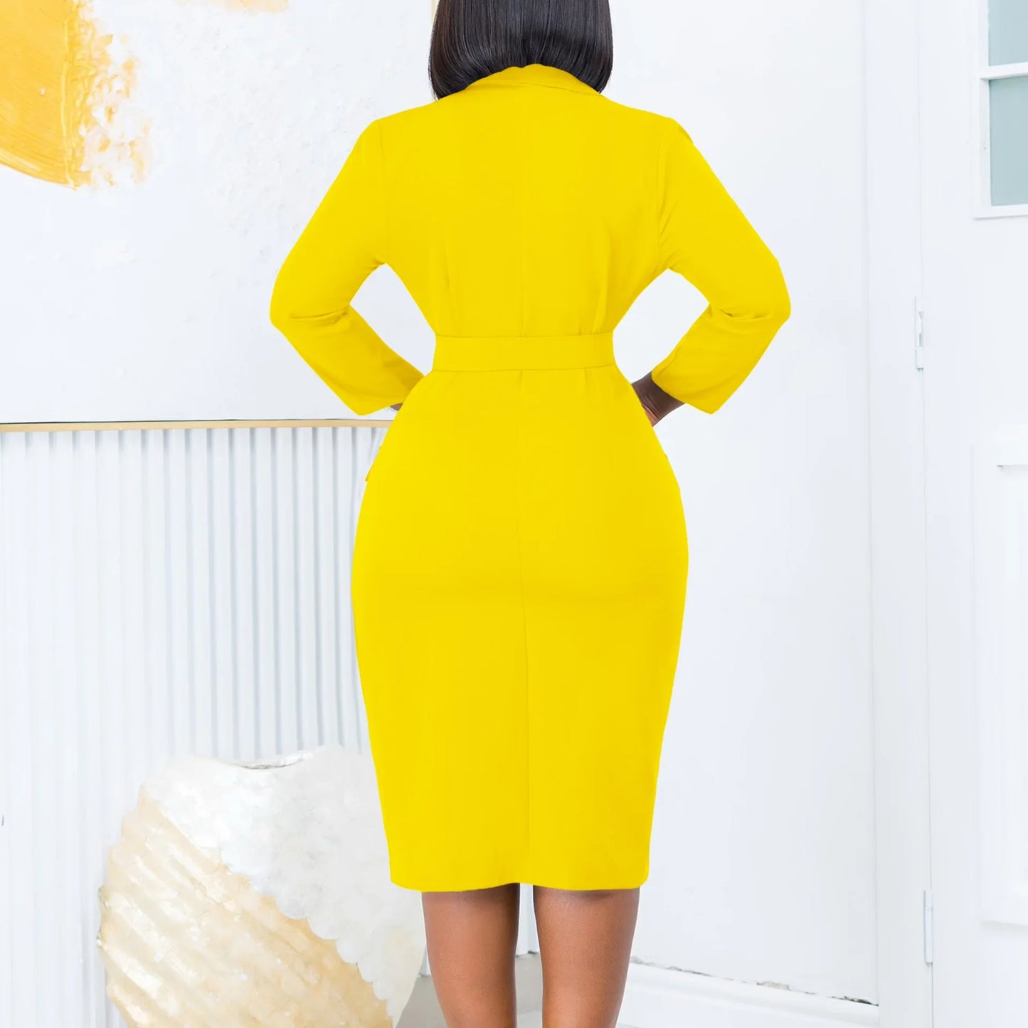 Robe crayon mi-longue avec ceinture pour femme, manches longues, bouton vers le bas, monochromatique, fête élégante, tambour de travail