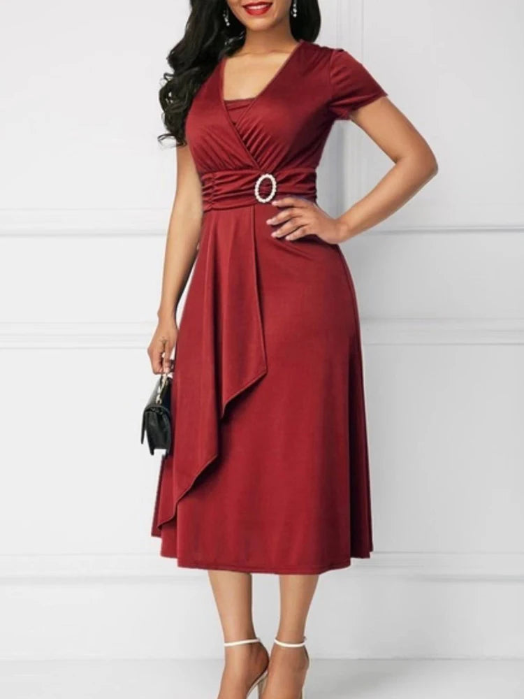 Robe de soirée mi-longue à manches courtes pour femmes, ourlet asymétrique, taille serrée, robe de soirée pour dames, document monochrome élégant, robe de soirée, robe éducative, été