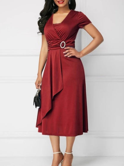Robe de soirée mi-longue à manches courtes pour femmes, ourlet asymétrique, taille serrée, robe de soirée pour dames, document monochrome élégant, robe de soirée, robe éducative, été
