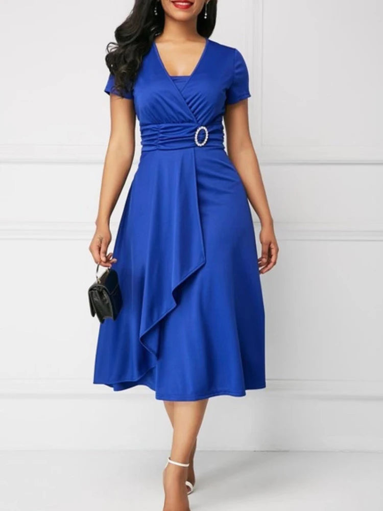 Robe de soirée mi-longue à manches courtes pour femmes, ourlet asymétrique, taille serrée, robe de soirée pour dames, document monochrome élégant, robe de soirée, robe éducative, été