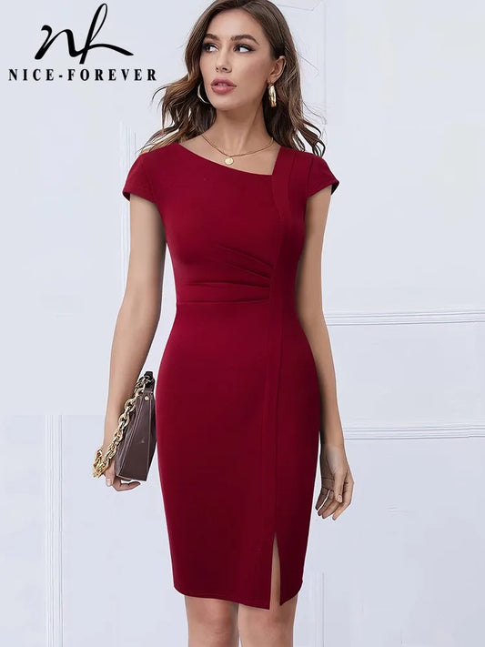Nice-forever – robe unie pour femmes, élégante, fendue devant, bureau, Business, Vintage, moulante, Slim, été, B700