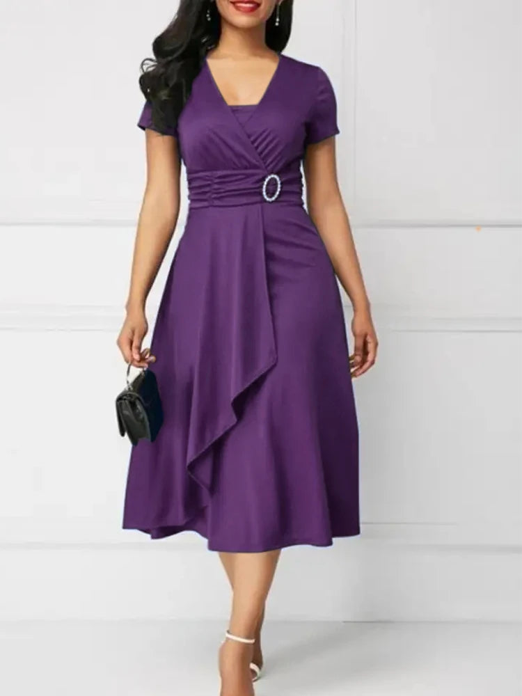 Robe de soirée mi-longue à manches courtes pour femmes, ourlet asymétrique, taille serrée, robe de soirée pour dames, document monochrome élégant, robe de soirée, robe éducative, été