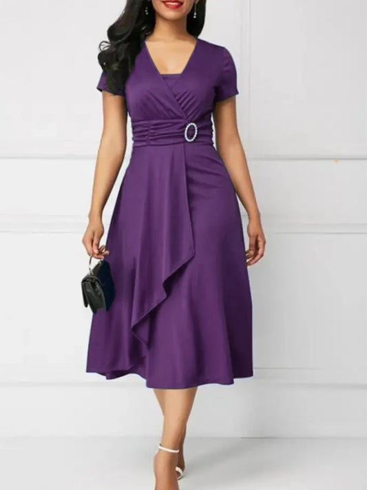 Robe de soirée mi-longue à manches courtes pour femmes, ourlet asymétrique, taille serrée, robe de soirée pour dames, document monochrome élégant, robe de soirée, robe éducative, été